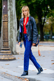 black bag, black boots, black jacket, black perfecto, blue denim, denim pants, edie campbell, fashion week, frenchystyle, full length, FW, high heels, jeans, jonathan paciullo, leather bag, leather jacket, leather perfecto, leather shoes, PARIS, PFW, pompons, red shirt, SPRING SUMMER 2017, SS 17, street style, trousers, vertical