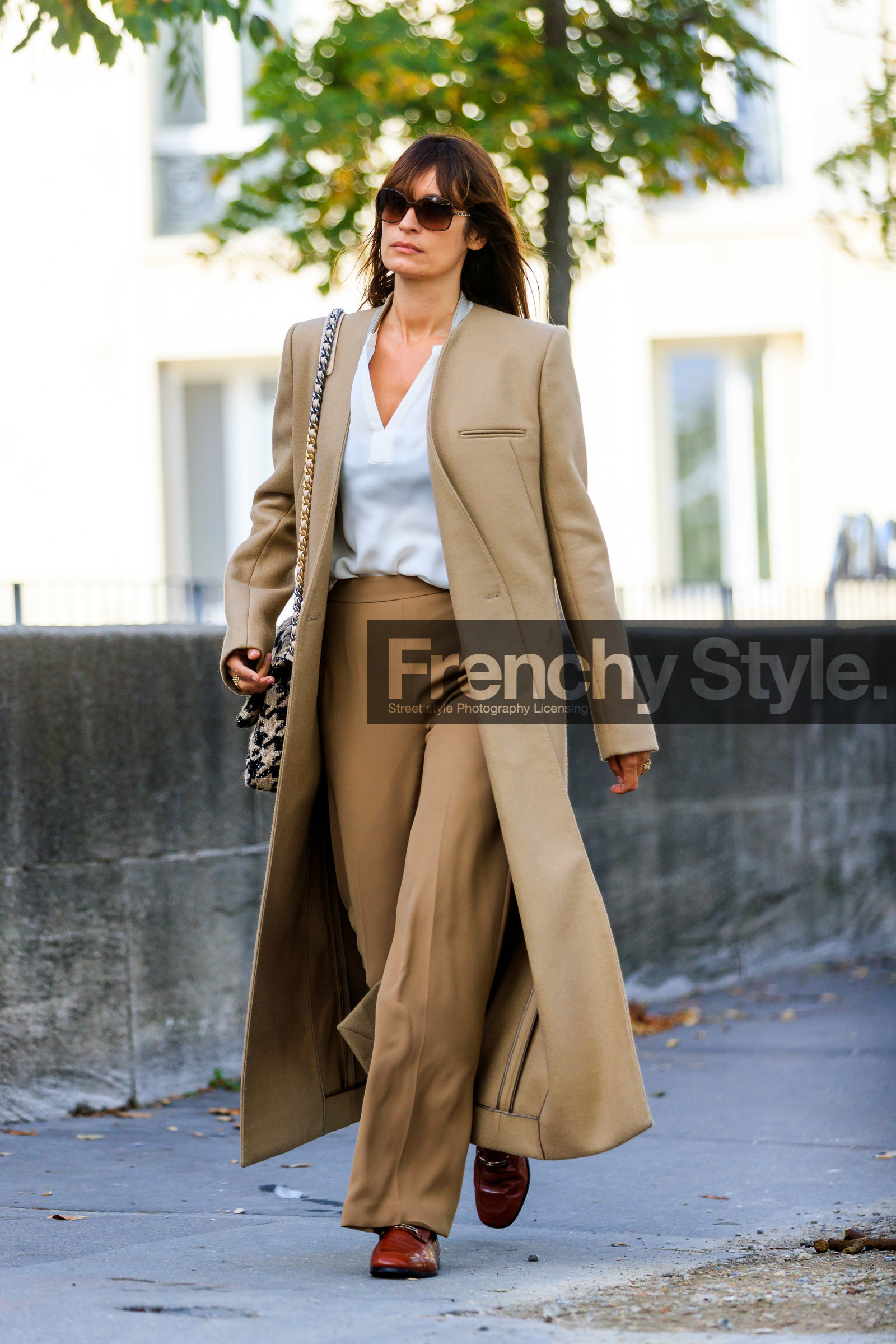 caroline de maigret, white shirt, silk shirt, beige coat, beige pants, long coat, chanel sunglasses, fashion week, frenchystyle, FW, jonathan paciullo, street style, SPRING SUMMER 2020, SS 20, PFW, PARIS, vertical, full length