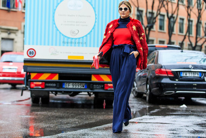 atmosphere details, AUTUMN WINTER 2016-2017, AW 16-17, blue pants, embroidered jacket, FALL WINTER 2016-2017, fashion week, fendi, frenchystyle, full length, fur bag, fur jacket, FW, FW 16-17, high waist, horizontal, jonathan paciullo, LFW, LONDON, MENSWEAR, mini bag, navy pants, printed jacket, red fur, red jacket, red sweater, stars, street style, sunglasses, thassia naves, trousers, wide pants