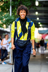 atmosphere details, black bag, black turtleneck, blue pants, detail, fanny pack, fashion week, frenchystyle, FW, jonathan paciullo, leather bag, model, necklace, NEW YORK, NYFW, SPRING SUMMER 2018, SS 18, street style, suspenders, trousers, vertical, yellow jacket