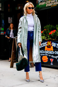 blue denim, calvin klein, caro daur, denim pants, earrings, fashion week, frenchystyle, full length, FW, green bag, high heels, jeans, jonathan paciullo, leather bag, leather shoes, miu miu, NEW YORK, NYFW, shiny coat, shiny shoes, silver coat, silver shoes, SPRING SUMMER 2018, SS 18, street style, studs, sunglasses, trousers, velvet, vertical, white sweater