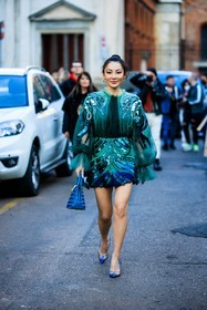 embroideres mini dress, haute couture dress, sparkling multicolor fress, blue slingback, blue handbag, sparkling handbag, golden loops, ruffle sleeves, jessica wang, fashion week, frenchystyle, FW, jonathan paciullo, street style, MFW, MILAN, FALL WINTER 2022_2023, AUTUMN WINTER 2022-2023, FW 22-23, vertical, full length