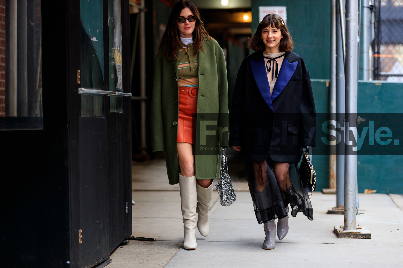 alyssa coscarelli, beige boots, black jacket, black skirt, green coat, green sweater, grey boots, hair clip, high boots, high heels, leather bag, leather shoes, madelynn furlong, metallic bag, oversize, paco rabanne, red belt, red skirt, see through, silver bag, sunglasses, street style, jonathan paciullo, frenchystyle, NYFW, NEW YORK, AUTUMN WINTER 2019-2020, AW 19-20, FALL WINTER 2019-2020, FW 19-20, FW, fashion week, atmosphere details, horizontal, full length
