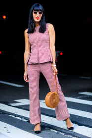 checked pants, checked top, fashion week, frenchystyle, full length, FW, gingham, graphic bag, high heels, jonathan paciullo, leather shoes, NEW YORK, NYFW, printed pants, printed top, red pants, red top, SPRING SUMMER 2018, SS 18, straw bag, street style, sunglasses, transparent shoes, trousers, vertical