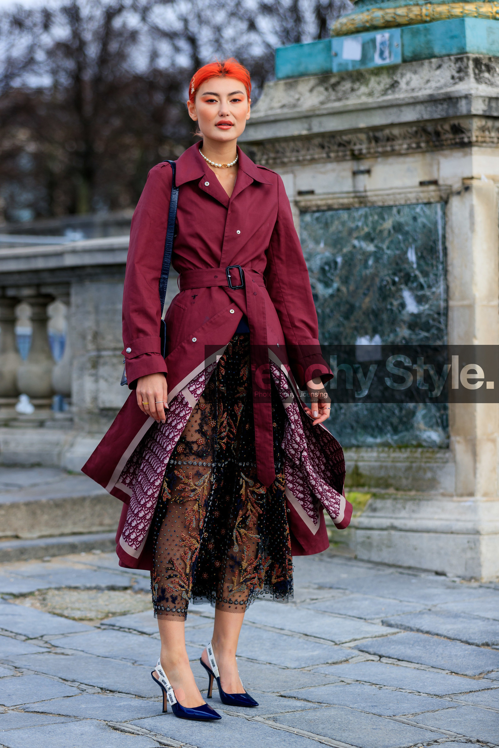 amalie gassmann, red hair, burgundy trenchcoat, black dress, black polish shoes, dior bag, dior dress, dior shoes, dior total look, dior trench coat, monogrammed trench coat, tulle dress, floral embroidered dress, long dress, sling back shoes, sharp end shoes, kitten heels shoes, dior hair clip, navy blue leather bag, 30 montaigne bag, fashion week, frenchystyle, FW, jonathan paciullo, street style, PFW, PARIS, AUTUMN WINTER 2020-2021, FALL WINTER 2020-2021, FW 20-21, vertical, full length