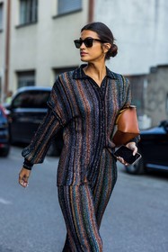 sunglasses, bun, colored bag, hoops, loewe bag, Marta Lozano, printed pants, printed shirt, sequin, striped pants, striped shirt, stripes, rayban, camel bag, leather bag, print, fashion week, frenchystyle, FW, jonathan paciullo, street style, MFW, MILAN, SPRING SUMMER 2022, SS 22, vertical, atmosphere details, detail