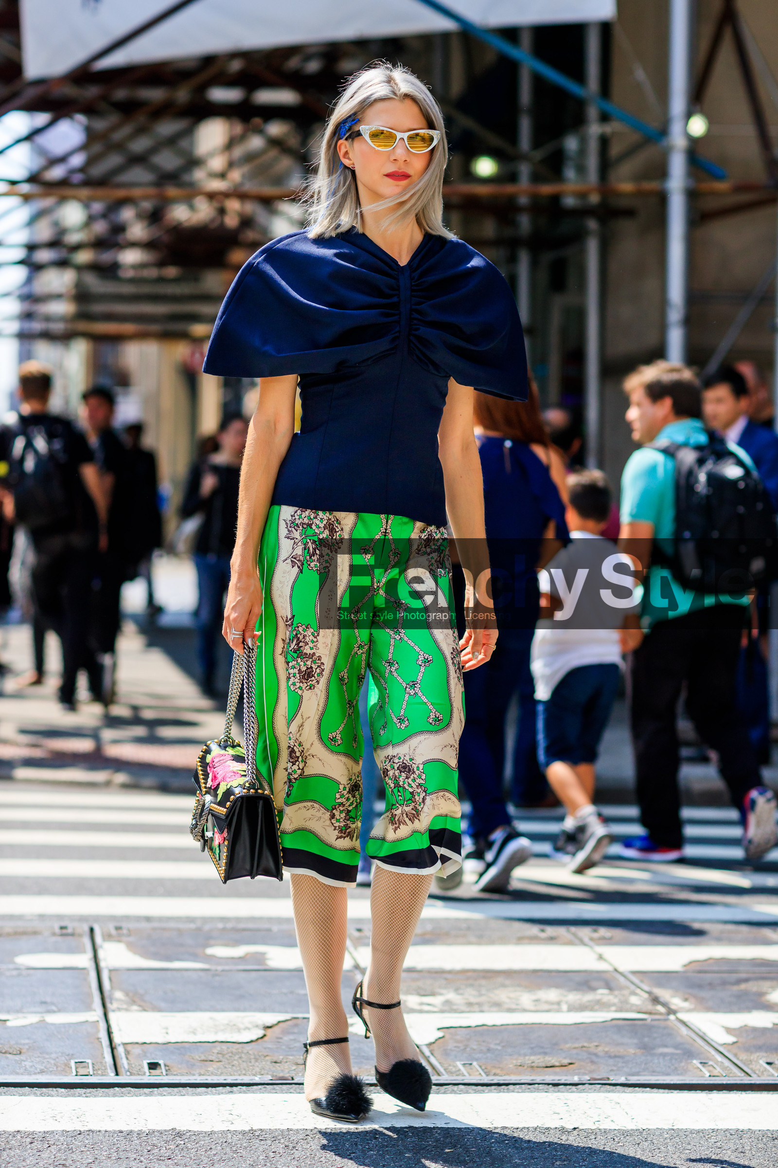 black bag, black shoes, blue top, embroidered bag, fashion week, frenchystyle, full length, FW, graphic bag, green shorts, gucci, high heels, jonathan paciullo, leather bag, leather shoes, NEW YORK, NYFW, pompons, printed bag, printed shorts, Samantha Angelo, SPRING SUMMER 2018, SS 18, street style, studs, vertical