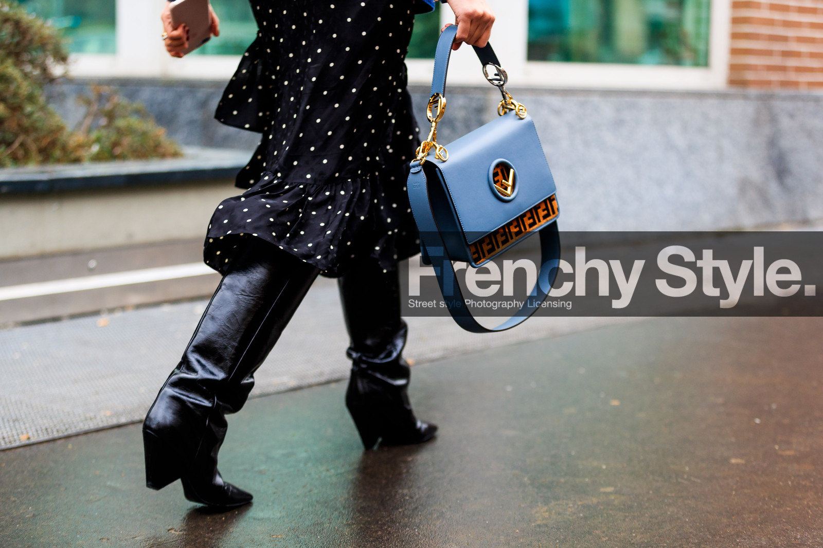 black shoes, black skirt, blue bag, fendi, graphic bag, graphic skirt, high boots, high heels, leather bag, leather shoes, polka dot, printed bag, printed skirt, fashion week, frenchystyle, FW, jonathan paciullo, street style, MFW, MILAN, AUTUMN WINTER 2018-2019, FALL WINTER 2018-2019, FW 18-19, horizontal, atmosphere details