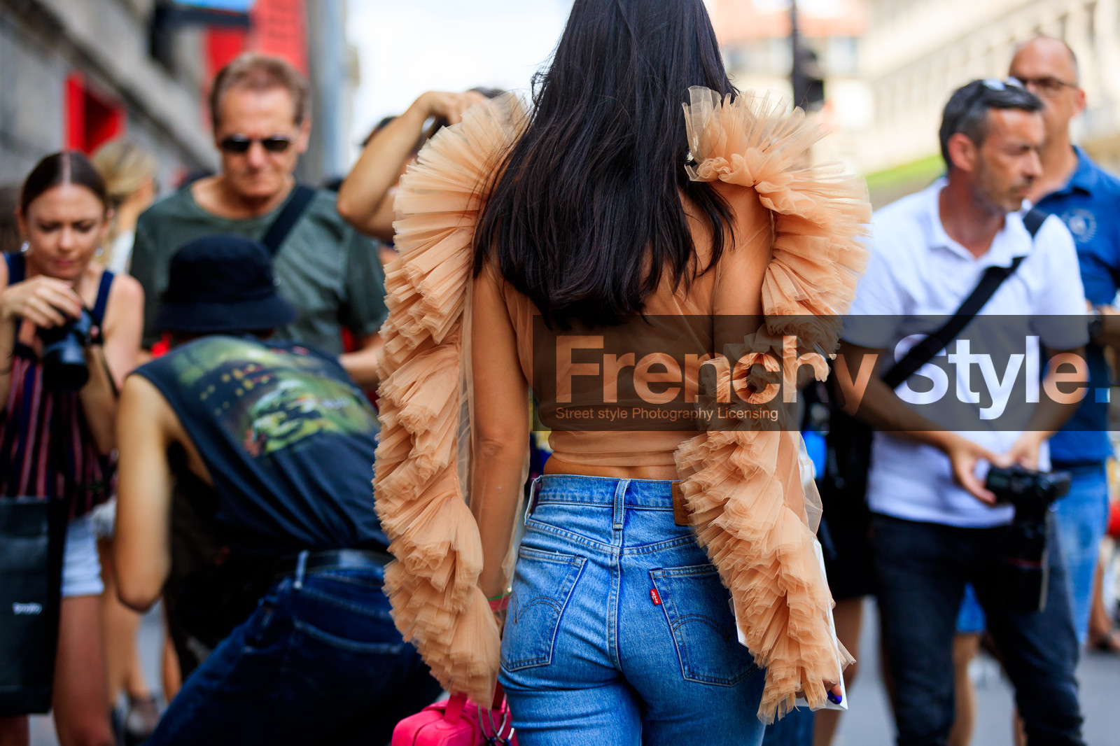 blue denim, denim pants, jeans, levis, maison martin margiela, nude top, ruffles, see through, trousers, tulle, PFW, fashion week, frenchystyle, FW, jonathan paciullo, street style, PARIS, horizontal, atmosphere details, detail, AUTUMN WINTER 2018-2019, FALL WINTER 2018-2019, FW 18-19