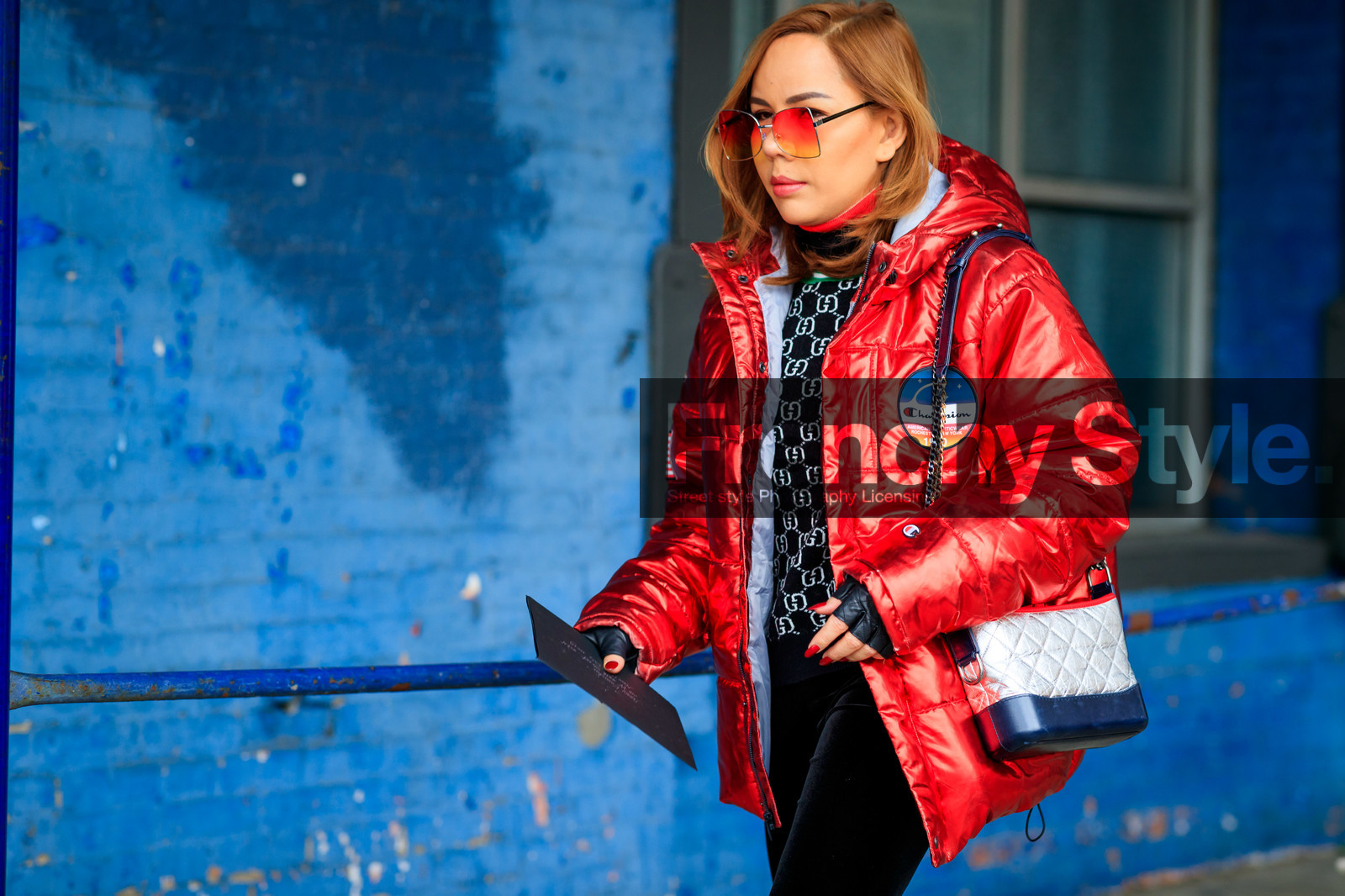 black and white bag, black pants, black sweater, chanel handbag, checked, down jacket, graphic bag, graphic sweater, gucci, hood, leather bag, monogram, plaid, printed bag, printed sweater, red jacket, sunglasses, trousers, velvet, street style, jonathan paciullo, frenchystyle, NYFW, NEW YORK, AUTUMN WINTER 2019-2020, AW 19-20, FALL WINTER 2019-2020, FW 19-20, FW, fashion week, atmosphere details, horizontal, detail
