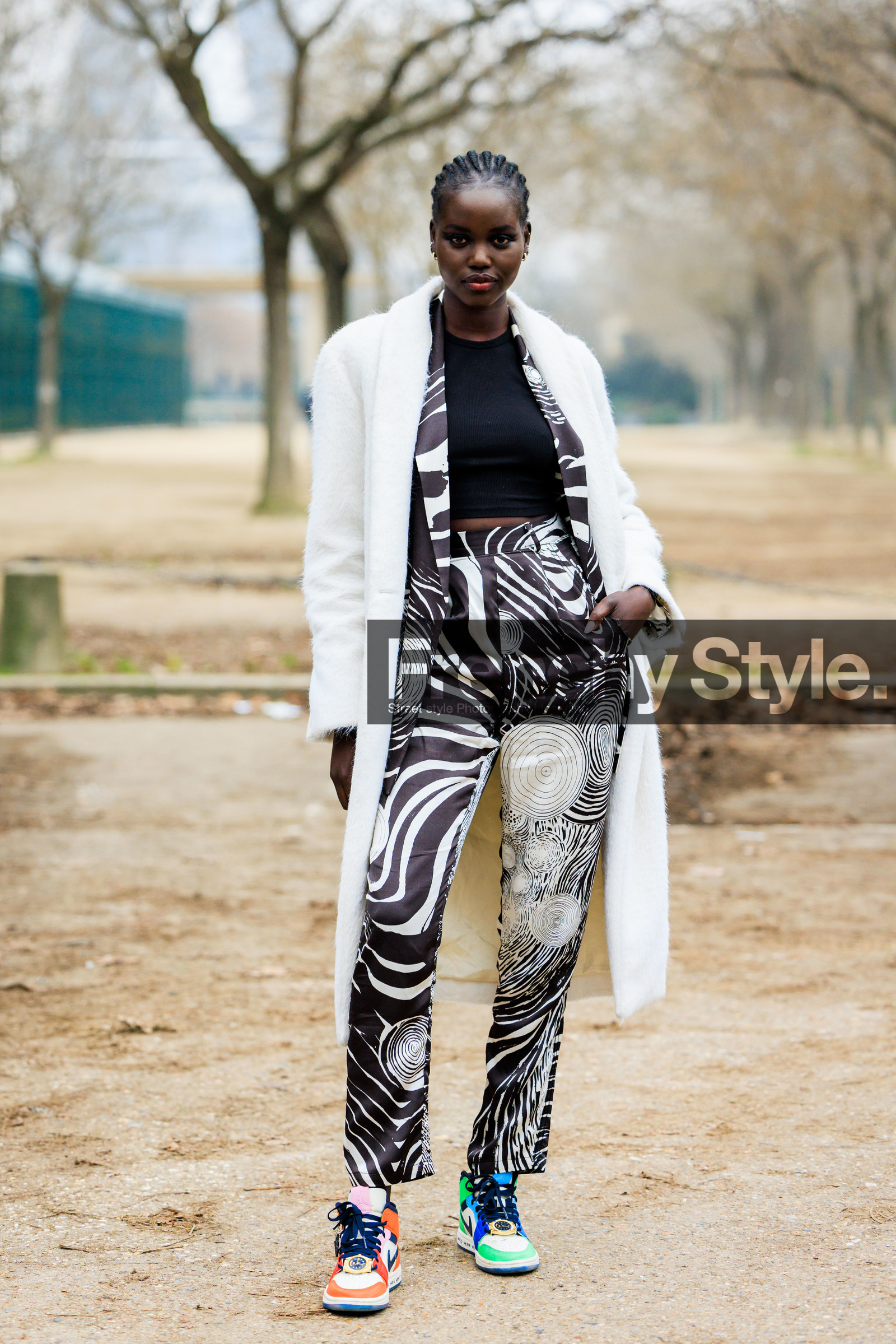 chanel, model, white coat, printed blazer, braids, black top, black and white blazer, printed pants, black and white pants, multicolor sneakers, nike, fashion week, frenchystyle, FW, jonathan paciullo, street style, PARIS, PFW, SPRING SUMMER 2022, SS 22, full length, vertical