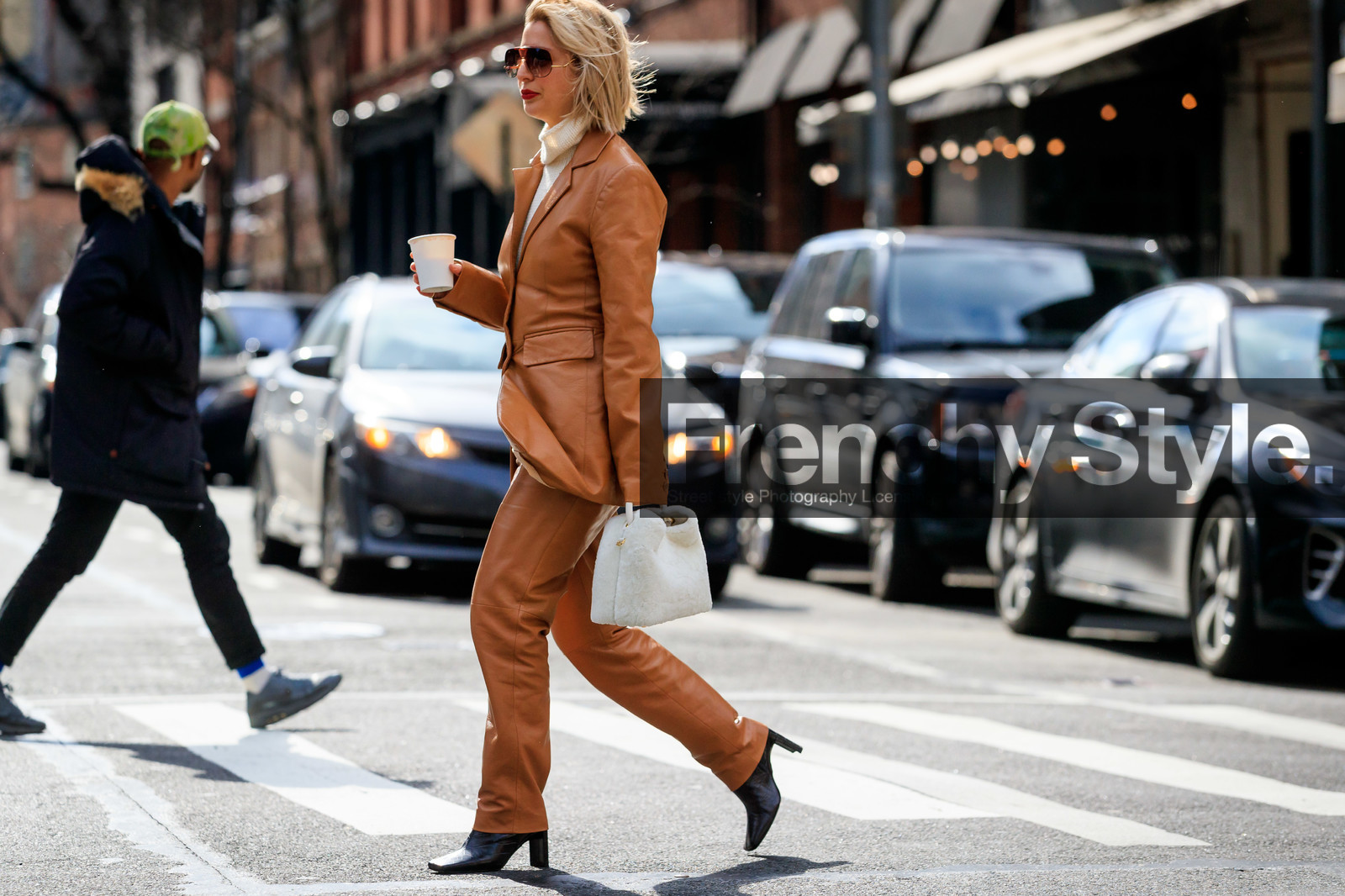 kerry pieri, camel leather jacket, camel leather pants, white bag, fur bag, hand bag, aviator sunglasses, high heels boots, black leather boots, fashion week, frenchystyle, FW, jonathan paciullo, street style, AUTUMN WINTER 2020-2021, FALL WINTER 2020-2021, FW 20-21, horizontal, atmosphere details, full length, NYFW, NEW YORK