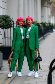 Ami and Aya Suzuki, black bag, camel bag, dyed hair, fringes, green jacket, green pants, green suit, leather bag, leather shoes, necklace, pink hair, ports 1961, red lips, sunglasses, trousers, white sneakers, white t shirt, street style, jonathan paciullo, FW, frenchystyle, fashion week, LFW, LONDON, AUTUMN WINTER 2019-2020, AW 19-20, FW 19-20, FALL WINTER 2019-2020, vertical, full length