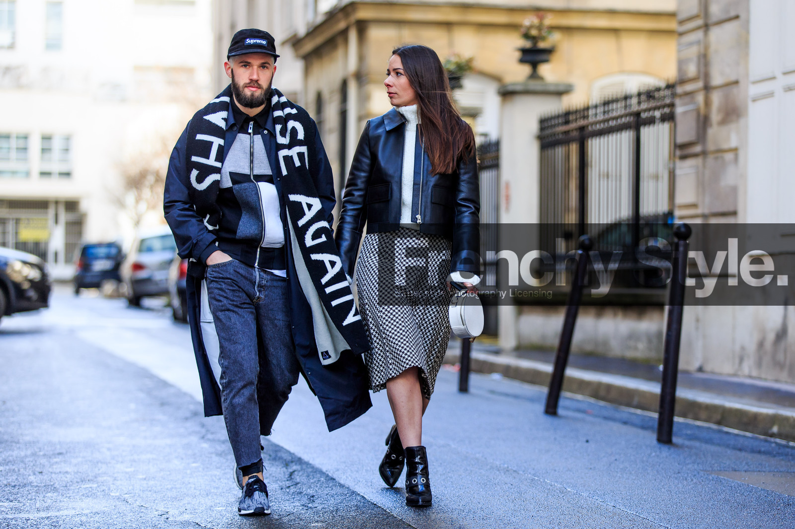 atmosphere details, AUTUMN WINTER 2016-2017, AW 16-17, black boots, black cap, black coat, black jacket, black scarf, denim pants, FALL WINTER 2016-2017, fashion week, frenchystyle, full length, FW, FW 16-17, graphic sweater, grey denim, horizontal, houndstooth pattern, jeans, jonathan paciullo, leather bag, leather boots, leather jacket, overcoat, PARIS, patchwork, PFW, printed jacket, printed scarf, printed skirt, printed sweater, street style, supreme, trousers, turtleneck sweater, white bag, white sweater, zip