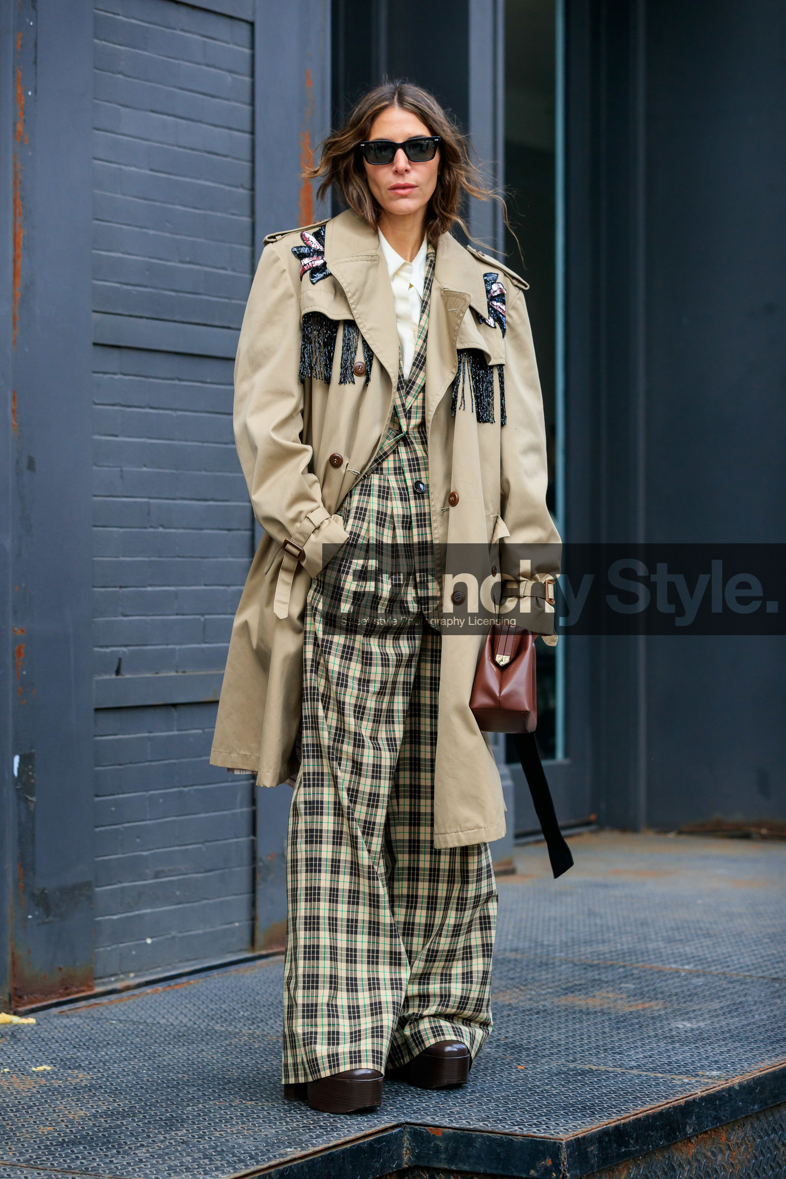 jen wonders, light beige trench coat, floral embroidered trench coat, fringe trench coat, sequins trench coat, checked pants, checked jacket, light beige jacket, light beige pants, black pants, black jacket, brown leather boots, platform shoes, camel leather clutch, white shirt, green pants, green jacket, pearl embroidered trench coat, fashion week, frenchystyle, FW, jonathan paciullo, street style, AUTUMN WINTER 2020-2021, FALL WINTER 2020-2021, FW 20-21, vertical, full length, NYFW, NEW YORK