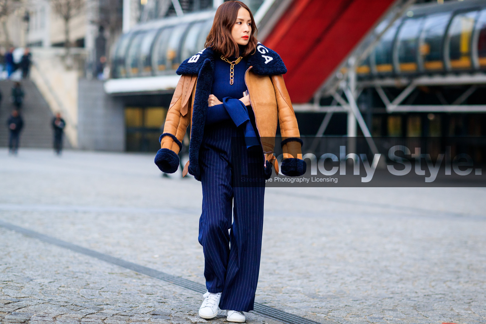 balenciaga, blue sweater, camel jacket, fur jacket, leather jacket, leather shoes, navy pants, necklace, over the shoulder, shearling, striped pants, trousers, white sneakers, fashion week, frenchystyle, FW, jonathan paciullo, street style, PFW, PARIS, SPRING SUMMER 2017, SS 17, HAUTE COUTURE, atmosphere details, full length, horizontal
