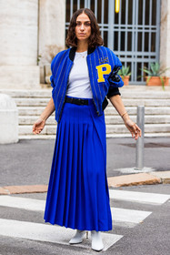 belt, black belt, blue bomber, blue skirt, bomber, color, electric blue, Erika Boldrin, fluo color, long skirt, philosophy look, pleated skirt, skirt, striped bomber, stripes, white boots, boots, leather boots, white t-shirt, fashion week, frenchystyle, FW, jonathan paciullo, street style, SPRING SUMMER 2022, SS 22, MFW, MILAN, vertical, full length