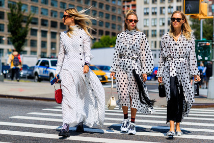 atmosphere details, black bag, black pants, black shoes, bracelet, Charlotte Groeneveld, courtney trop, fashion week, frenchystyle, full length, FW, graphic dress, horizontal, jessie bush, jonathan paciullo, leather bag, leather shoes, NEW YORK, NYFW, pleats, polka dot, printed dress, red bag, SPRING SUMMER 2018, SS 18, street style, sunglasses, trousers, white bag, white dress, white sneakers