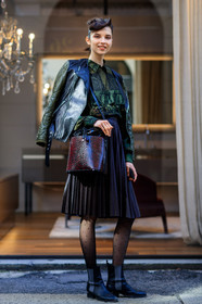 animal print, AUTUMN WINTER 2017-2018, AW 17-18, black boots, black jacket, black perfecto, black shoes, brown skirt, FALL WINTER 2017-2018, fashion week, frenchystyle, full length, FW, FW 17-18, green shirt, jonathan paciullo, leather bag, leather jacket, leather perfecto, leather shoes, leather skirt, MFW, MILAN, model, over the shoulder, pleated skirt, pleats, red bag, satin stitch, snake print, street style, tights, vertical
