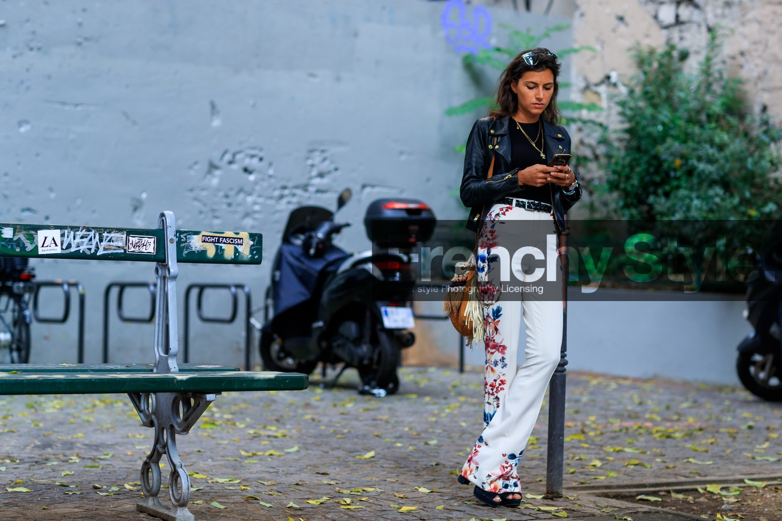 atmosphere details, black belt, black jacket, black shoes, black sweater, brown bag, denim pants, embroidered bag, embroidered jeans, fashion week, feathers, floral, flowers, frenchystyle, full length, FW, graphic bag, horizontal, jeans, jonathan paciullo, leather bag, leather jacket, leather perfecto, leather shoes, necklace, PARIS, PFW, printed bag, SPRING SUMMER 2018, SS 18, street style, trousers, white denim