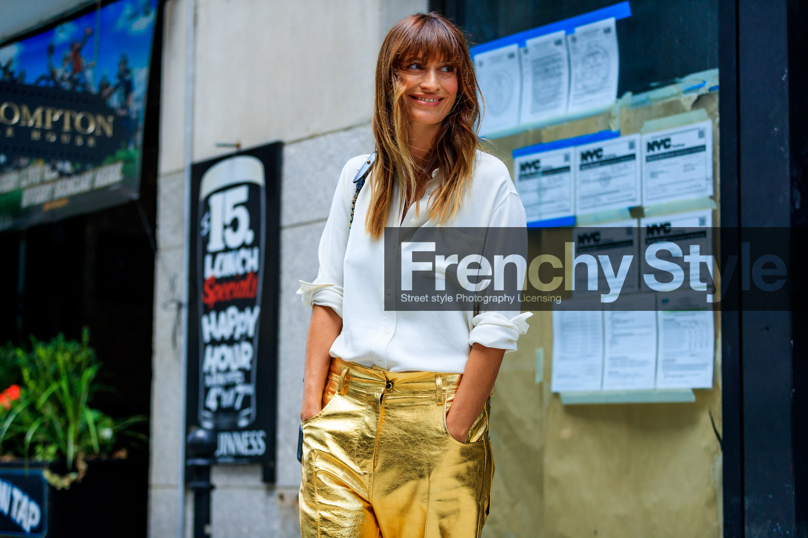 atmosphere details, black and white bag, black bag, caroline de maigret, chanel, detail, fashion week, frenchystyle, FW, golden pants, horizontal, jonathan paciullo, leather bag, NEW YORK, NYFW, shiny pants, SPRING SUMMER 2018, SS 18, street style, trousers, white shirt