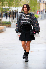 marta cygan, black blouse, black socks, black skirt, button skirt, floral printed blouse, lace blouse, balloon sleeves, oversize sleeves, black leather derbies, striped blouse, louis vuitton blouse, louis vuitton skirt, louis vuitton shoes, louis vuitton total look, PARIS, PFW, fashion week, frenchystyle, FW, jonathan paciullo, street style, SPRING SUMMER 2021, SS 21, vertical, full length
