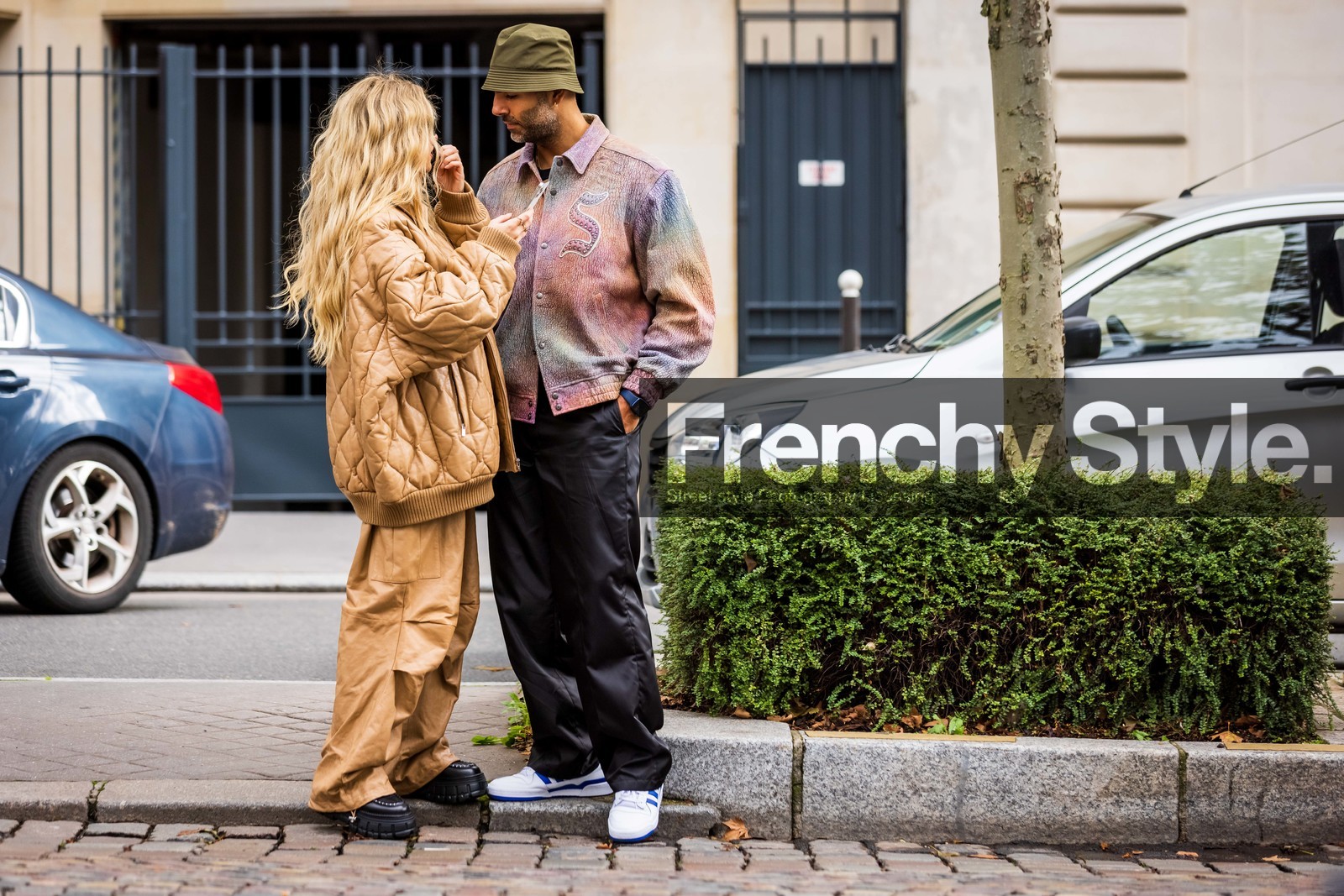 beige coat, beige jacket, beige pants, black pants, bob, coat, color, couple, duo, Emili Sindlev, jacket, khaki bob, leather coat, leather jacket, Mads Emil Grove Moller, menswear, miu miu look, pants, purple jacket, quilted jacket, sneakers, white sneakers, fashion week, frenchystyle, FW, jonathan paciullo, street style, PFW, PARIS, SPRING SUMMER 2022, SS 22, horizontal, atmosphere details, full length
