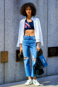 black bag, blue denim, bra, denim pants, fashion week, frenchystyle, full length, FW, jeans, jonathan paciullo, leather bag, leather shoes, loewe, model, NEW YORK, NYFW, shelby hayes, SPRING SUMMER 2018, SS 18, street style, trousers, vertical, white jacket, white sneakers