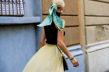black bag, black top, blue scarf, caro daur, earrings, headscarf, leather bag, pleated skirt, sunglasses, yellow skirt, fashion week, frenchystyle, FW, jonathan paciullo, street style, MFW, MILAN, SPRING SUMMER 2019, SS 19, atmosphere details, horizontal, detail