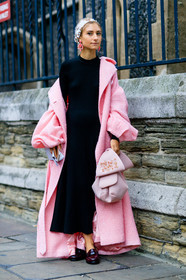 black dress, black shoes, earrings, fashion week, frenchystyle, full length, FW, glitter, jenny walton, jonathan paciullo, leather shoes, LFW, LONDON, pink bag, pink coat, sequined bag, SPRING SUMMER 2017, SS 17, street style, vertical, woman