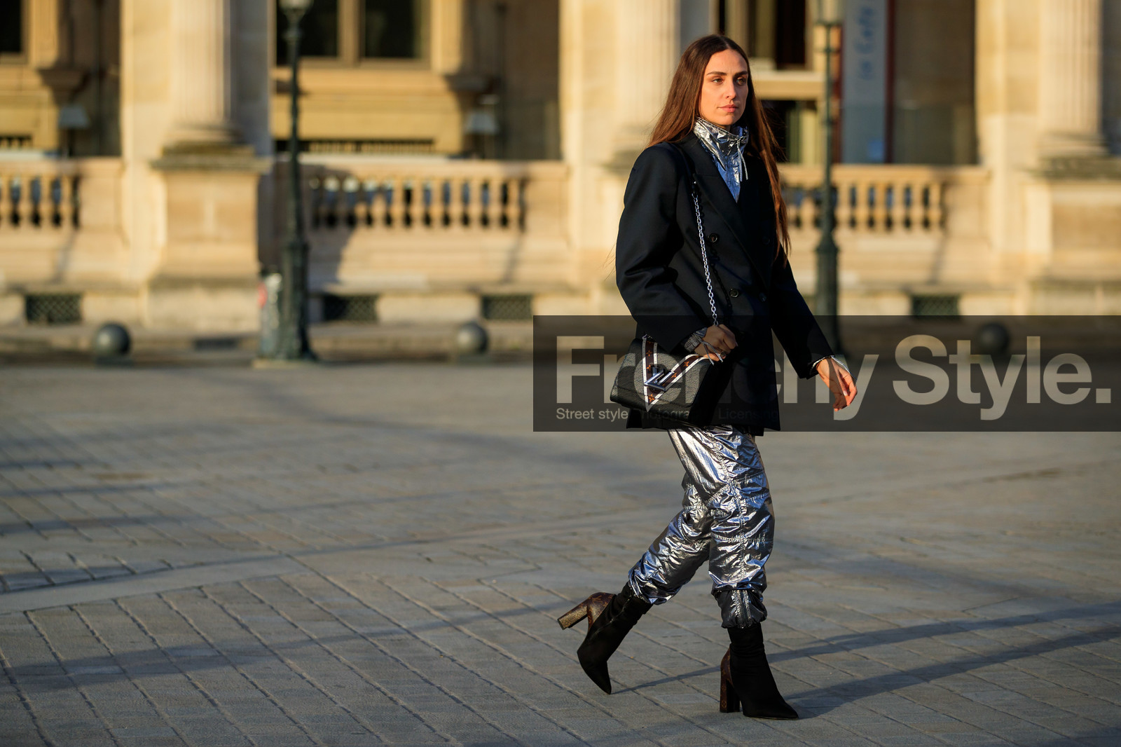 black bag, black jacket, black shoes, blazer, camila coelho, graphic bag, high heels, leather bag, leather shoes, louis vuitton, printed bag, shiny pants, silver pants, PARIS, PFW, street style, jonathan paciullo, FW, frenchystyle, fashion week, AUTUMN WINTER 2019-2020, AW 19-20, FALL WINTER 2019-2020, FW 19-20, horizontal, atmosphere details, full length