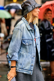 alexandra golovanoff, black hat, maison michel hat, light blue jacket, denim, denim jacket, strassed jacket, grey skirt, miu miu jacket, PARIS, PFW, SPRING SUMMER 2020, SS 20, fashion week, frenchystyle, FW, jonathan paciullo, street style, vertical, atmosphere details, detail