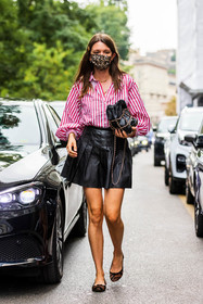 animal print, bag, ballerines, black bag, black skirt, brown flats, color, facial mask, flats, Julia Gall, leather bag, leather skirt, leopard print, mini skirt, pleated skirt, print, printed flat, red shirt, shirt, skirt, striped shirt, stripes, zebra flats, fashion week, frenchystyle, FW, jonathan paciullo, street style, SPRING SUMMER 2022, SS 22, MFW, MILAN, vertical, full length