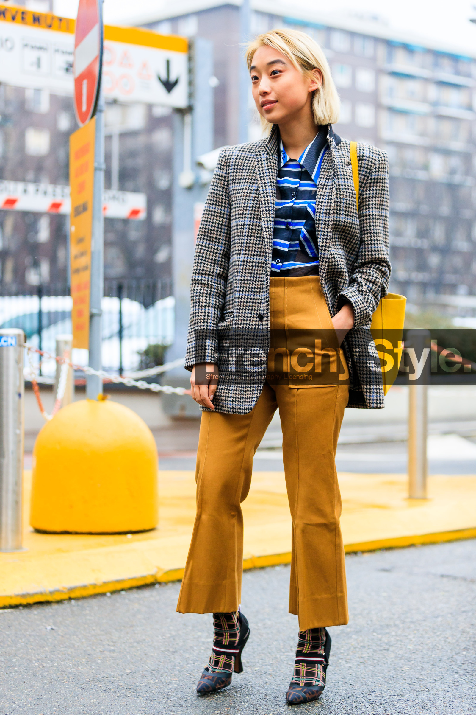 blazer, blue shirt, camel pants, checked, fendi, graphic jacket, high heels, houndstooth pattern, leather bag, leather shoes, plaid, printed jacket, striped shirt, trousers, yellow bag, fashion week, frenchystyle, FW, jonathan paciullo, street style, MFW, MILAN, AUTUMN WINTER 2018-2019, FALL WINTER 2018-2019, FW 18-19, vertical, full length, Margaret Zhang