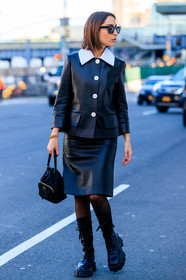 geraldine boublil, black leather jacket, black leather skirt, black leather boots, white leather jacket, bicolor jacket, prada bag, prada boots, black bag, flat boots, laced boots, big sole boots, high boots, mid long skirt, bucket bag, hand bag, fashion week, frenchystyle, FW, jonathan paciullo, street style, AUTUMN WINTER 2020-2021, FALL WINTER 2020-2021, FW 20-21, vertical, full length, NYFW, NEW YORK