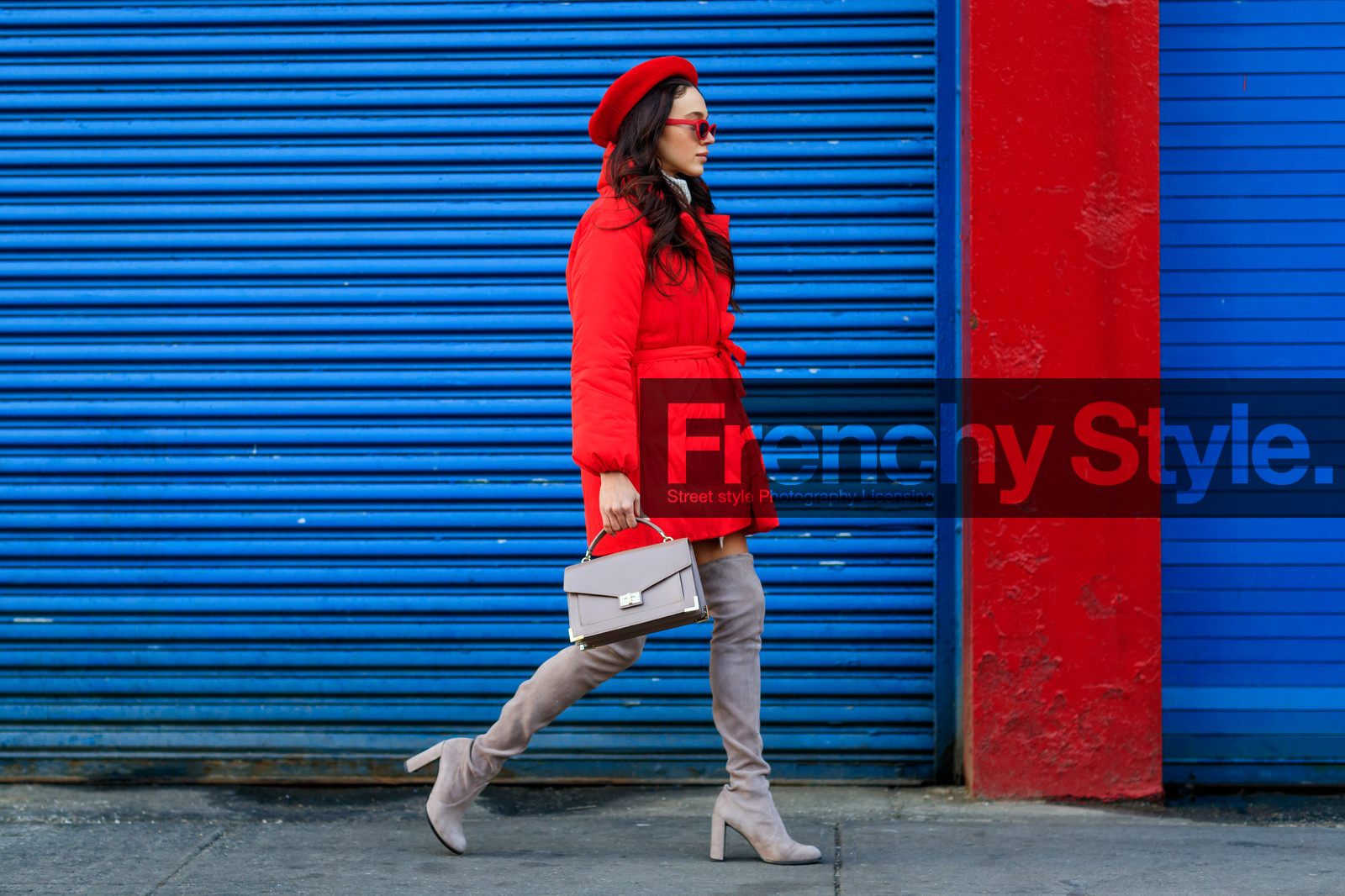 beret, fun sunglasses, high boots, high heels, leather bag, leather shoes, nude bag, nude boots, red hat, red jacket, sunglasses, street style, jonathan paciullo, FW, frenchystyle, fashion week, NYFW, NEW YORK, AUTUMN WINTER 2018-2019, AW 18-19, FALL WINTER 2018-2019, FW 18-19, atmosphere details, horizontal, full length