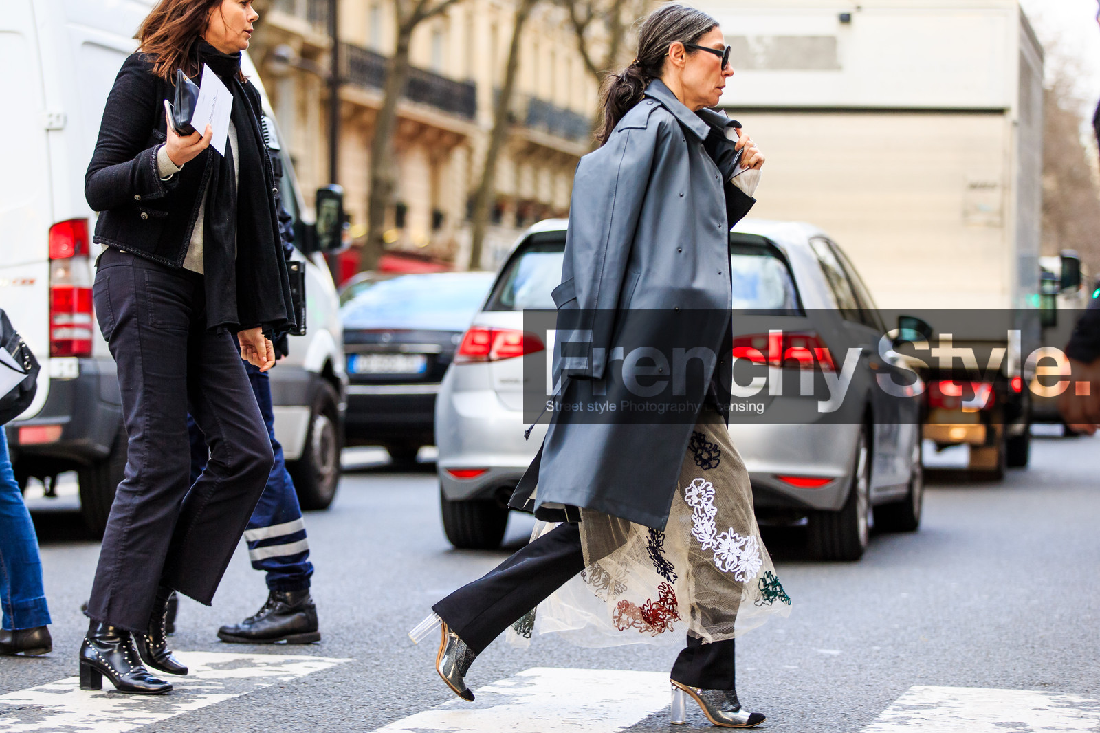 atmosphere details, AUTUMN WINTER 2016-2017, AW 16-17, black pants, FALL WINTER 2016-2017, fashion week, frenchystyle, full length, FW, FW 16-17, grey coat, high heels, horizontal, jonathan paciullo, leather coat, leather shoes, PARIS, PFW, printed dress, see through, sheer dress, silver shoes, street style, sunglasses, transparent heel, trousers, Véronique Tristram