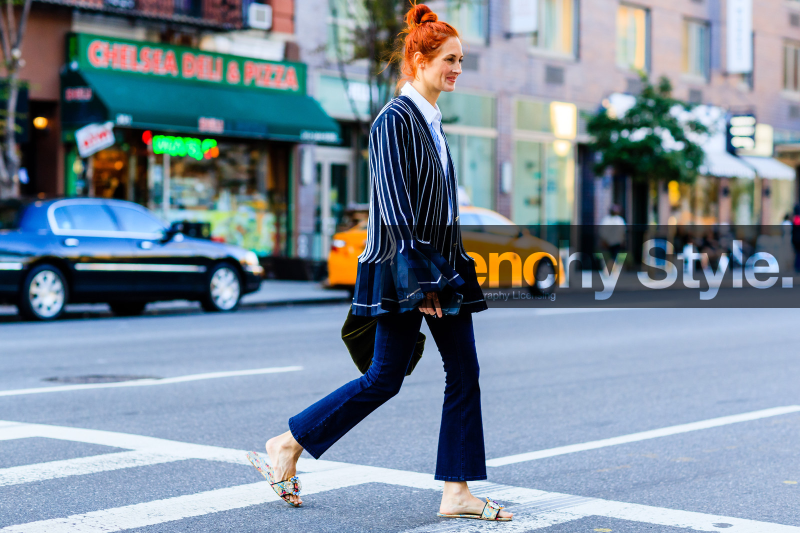 atmosphere details, blazer, blue denim, blue jacket, blue pants, blue shirt, denim pants, fashion week, frenchystyle, full length, FW, green bag, horizontal, jeans, jonathan paciullo, navy pants, NEW YORK, NYFW, pleats, SPRING SUMMER 2017, SS 17, street style, striped jacket, striped shirt, sunglasses, taylor tomasi hill, tomass, trousers, velvet, woman