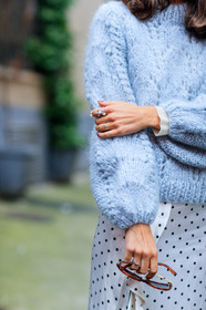 AUTUMN WINTER 2017-2018, AW 17-18, blue sweater, detail, diletta bonaiuti, FALL WINTER 2017-2018, fashion week, frenchystyle, FW, FW 17-18, graphic skirt, jonathan paciullo, MFW, MILAN, pearls, polka dot, printed skirt, rings, ruffled skirt, street style, vertical, white skirt