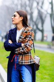 AUTUMN WINTER 2017-2018, AW 17-18, blue denim, brown bag, checked jacket, detail, earrings, FALL WINTER 2017-2018, fashion week, frenchystyle, FW, FW 17-18, graphic coat, graphic jacket, jeans, jonathan paciullo, leather backpack, leather bag, louis vuitton, MFW, MILAN, monogram, patricia manfield, plaid, printed bag, printed coat, printed jacket, street style, sunglasses, tartan, trousers, vertical, white t shirt