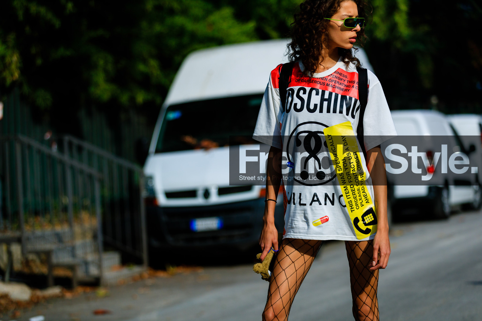 alice metza, atmosphere details, detail, fashion week, fishnet, frenchystyle, FW, graphic top, horizontal, jonathan paciullo, MFW, MILAN, model, moschino, printed t shirt, SPRING SUMMER 2017, SS 17, street style, sunglasses, t shirt dress, tights, white t shirt