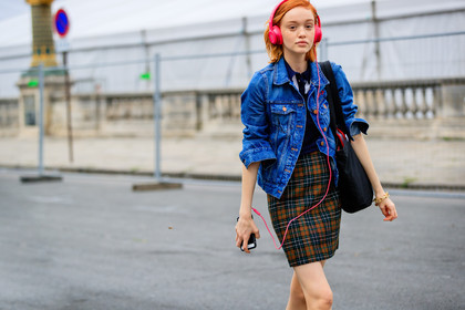 atmosphere details, blue denim, brown skirt, checked skirt, denim jacket, detail, fashion week, frenchystyle, FW, graphic skirt, headphones, horizontal, jonathan paciullo, leather bag, model, PARIS, PFW, plaid, Rhiannon McConnell, SPRING SUMMER 2017, SS 17, street style, tartan