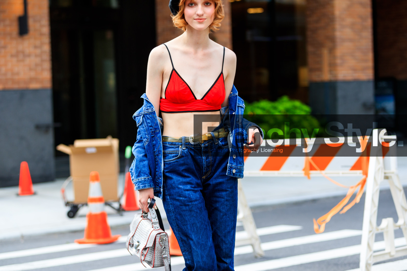 atmosphere details, beret, blue denim, denim jacket, denim pants, detail, fashion week, frenchystyle, FW, grey bag, horizontal, ina maribo jensen, jeans, jonathan paciullo, leather bag, model, NEW YORK, NYFW, red bra, SPRING SUMMER 2018, SS 18, street style, trousers