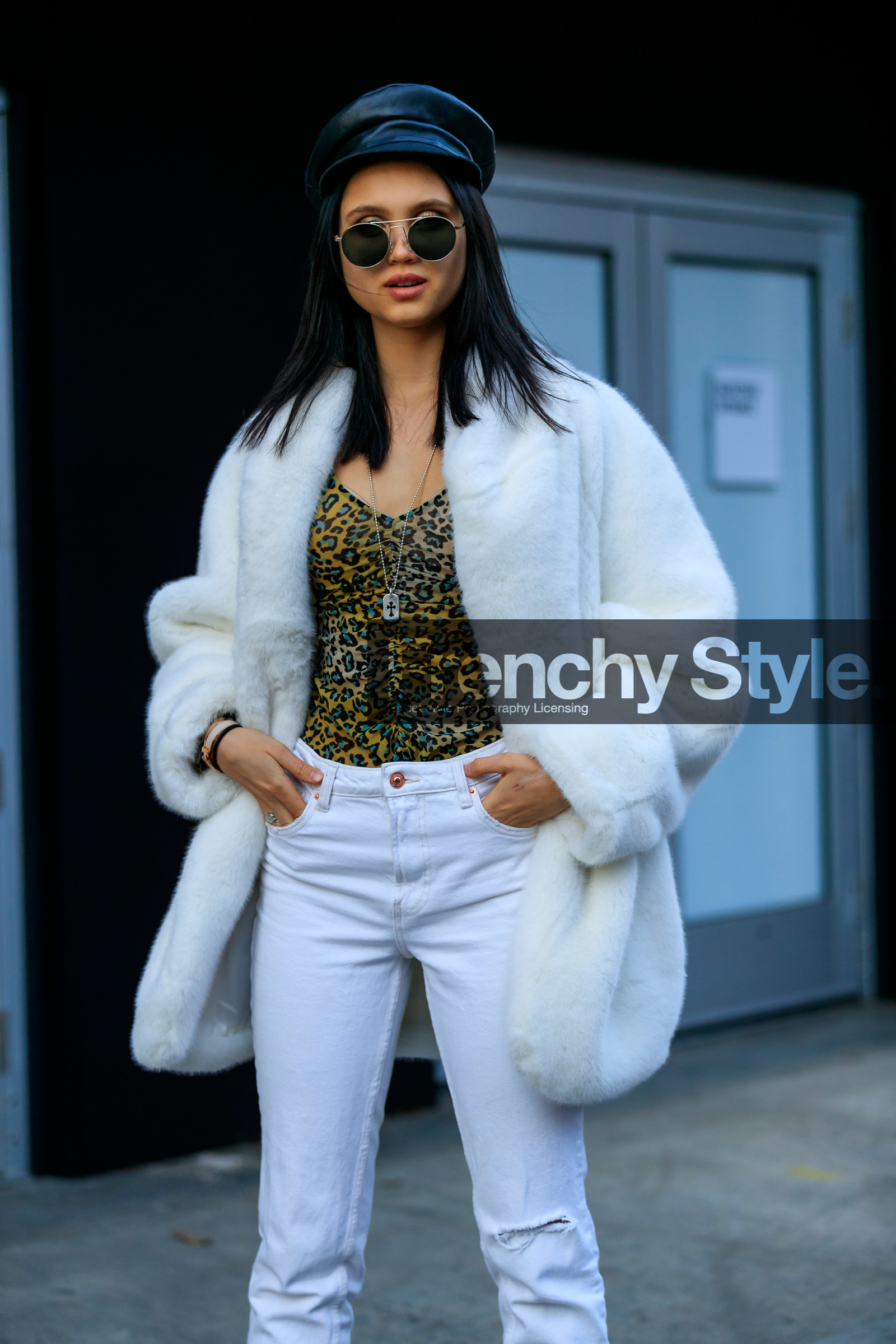 animal print, black hat, denim pants, fur jacket, jeans, leopard, printed top, sunglasses, trousers, white denim, white fur, white jacket, street style, jonathan paciullo, frenchystyle, NYFW, NEW YORK, AUTUMN WINTER 2019-2020, AW 19-20, FALL WINTER 2019-2020, FW 19-20, fashion week, FW, vertical, atmosphere details, detail