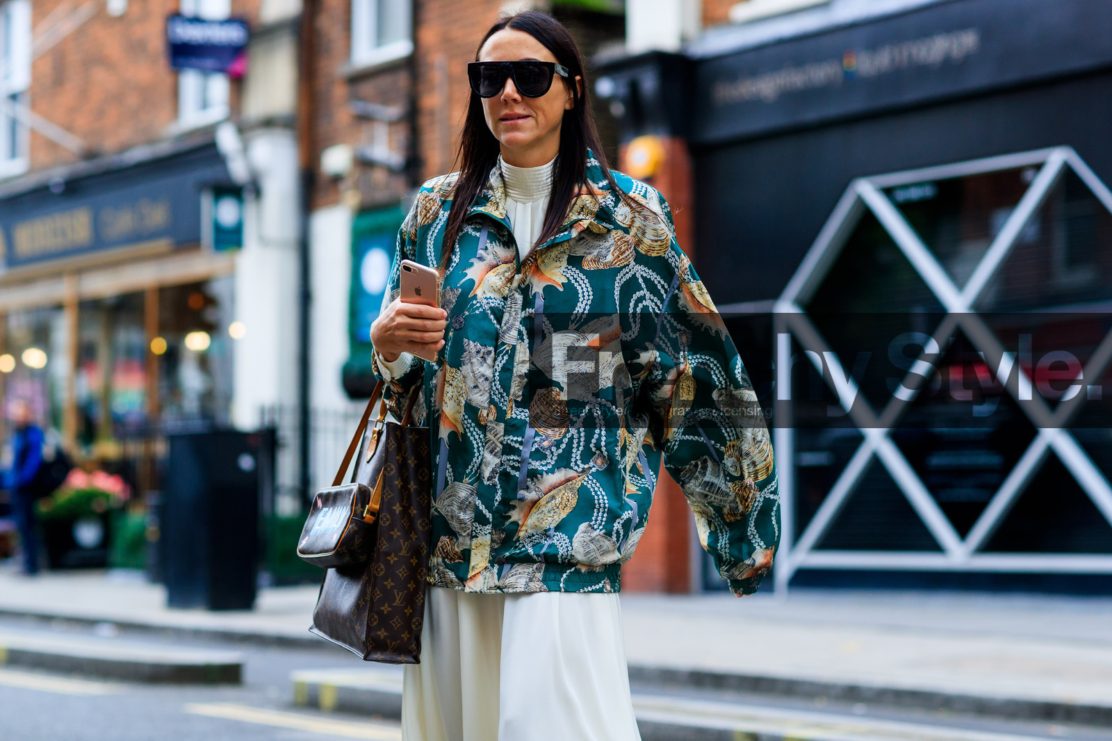 atmosphere details, brown bag, detail, fashion week, frenchystyle, FW, graphic bag, green jacket, horizontal, jonathan paciullo, leather bag, LFW, LONDON, long dress, louis vuitton, monogram, printed bag, printed jacket, SPRING SUMMER 2018, SS 18, street style, white dress