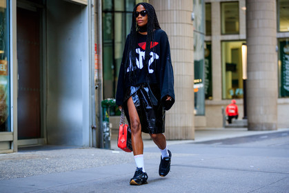 atmosphere details, black skirt, black sneakers, black sweater, braids, fashion week, frenchystyle, full length, FW, horizontal, jan-michael quammie, jonathan paciullo, leather bag, leather skirt, NEW YORK, NYFW, oversize, printed sweater, red bag, SPRING SUMMER 2018, SS 18, street style, sunglasses, supreme, vinyl, white socks