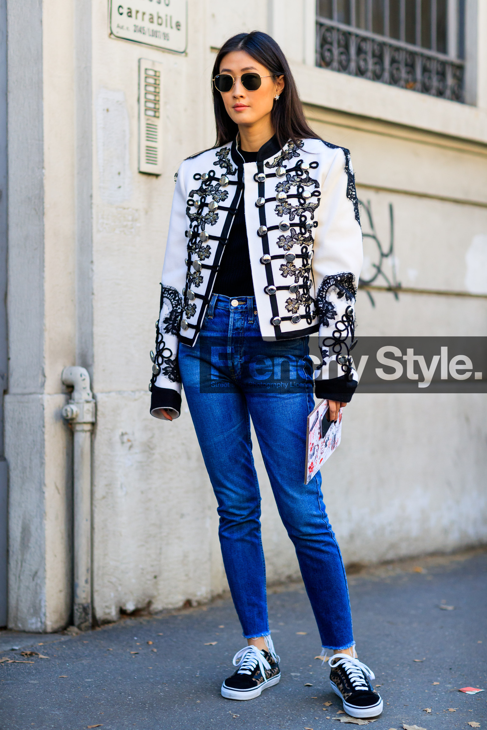 AUTUMN WINTER 2017-2018, AW 17-18, black shoes, black sneakers, blue denim, denim pants, embroideries, FALL WINTER 2017-2018, fashion week, frenchystyle, full length, FW, FW 17-18, graphic jacket, jeans, jonathan paciullo, justine lee, leather shoes, MFW, MILAN, printed jacket, street style, sunglasses, trousers, vans, vertical, white jacket