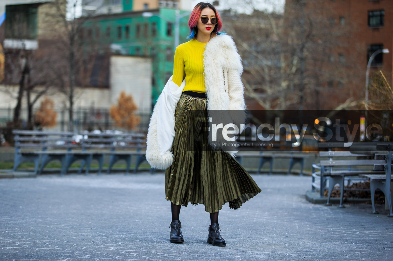 atmosphere details, AUTUMN WINTER 2016-2017, AW 16-17, black boots, dyed hair, FALL WINTER 2016-2017, fashion week, frenchystyle, full length, fur coat, fur jacket, FW, FW 16-17, horizontal, irene kim, jonathan paciullo, leather boots, metallic skirt, NEW YORK, NYFW, pink hair, pleated skirt, street style, sunglasses, white fur, woman, yellow sweater