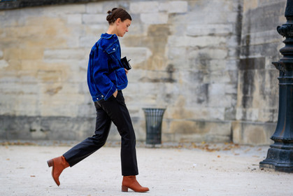 atmosphere details, black pants, blue denim, brown boots, denim jacket, fashion week, frenchystyle, full length, FW, horizontal, jo ellison, jonathan paciullo, leather pants, leather shoes, PARIS, PFW, SPRING SUMMER 2017, SS 17, street style, trousers