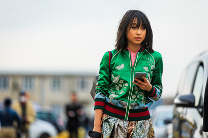 atmosphere details, AUTUMN WINTER 2016-2017, AW 16-17, detail, embroideries, FALL WINTER 2016-2017, fashion week, floral, flower, frenchystyle, FW, FW 16-17, graphic skirt, green jacket, gucci, horizontal, jonathan paciullo, LFW, LONDON, long skirt, margaret, zhang, MENSWEAR, pleated skirt, printed jacket, printed skirt, satin, silk skirt, street style, stripes, teddy jacket